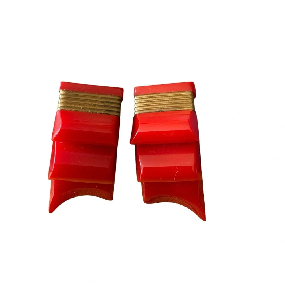 Extremely rare Bakelite red ribbon bow set. Bracelet, earrings, pin. VGUC
